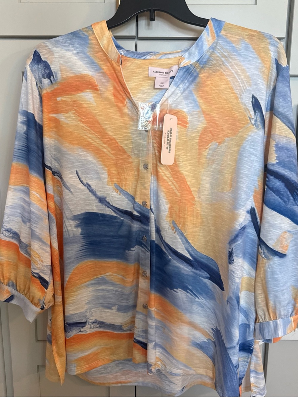 NWT Allison Daley Women's Blue Yellow Abstract Button Knit Top Shirt Blouse 3X